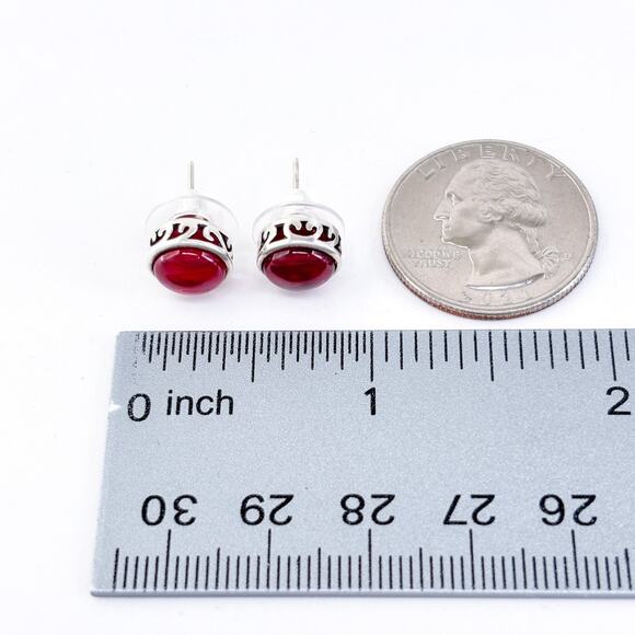 Vintage Sterling Silver 925 Synthetic Ruby Red Cabochon Stud Earrings - Picture 9 of 9